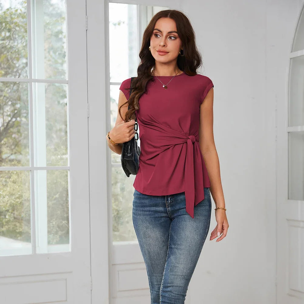 Front Bow Knot  Cap Sleeve Crew Neck Pullover