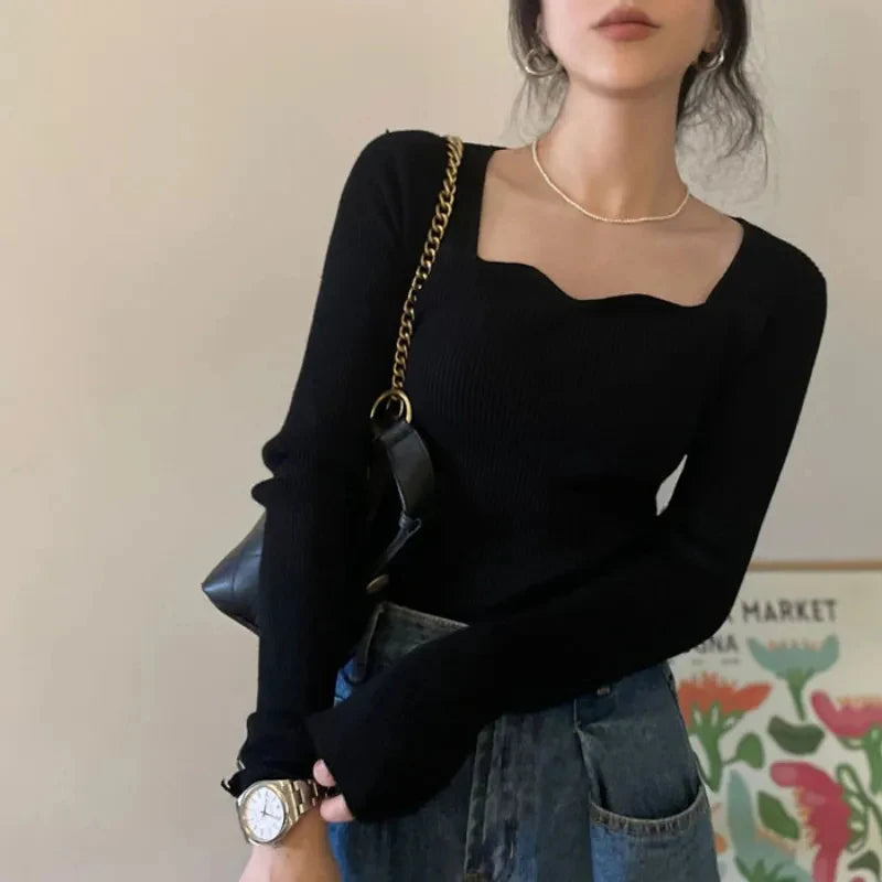 Knitted Pullovers Women Vintage Solid Sweaters Elegant Knitwear Square Collar All Match Jumpers