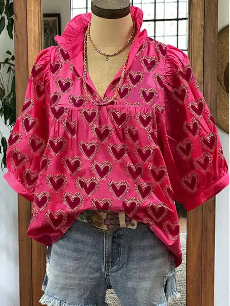 Ruffle V-neck Heart Print Puff Sleeve Top