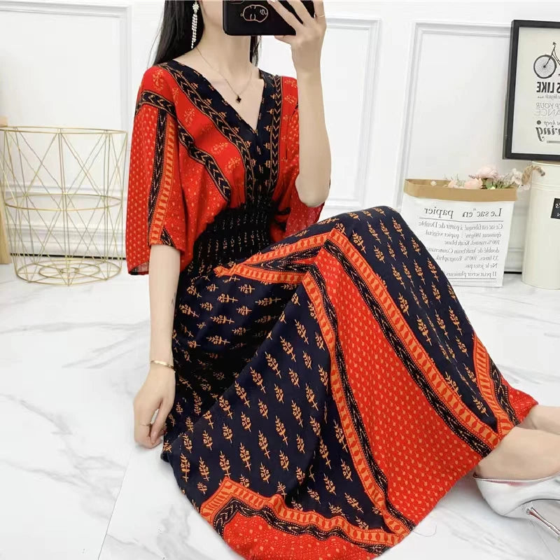 Colorful Flower V-neck Elastic Youthful Bohemian Sweet Midi Dress Woman Clothes Chic Fashion Summer Dresses