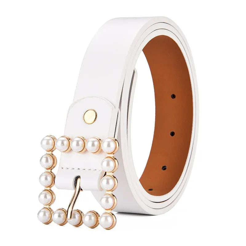 Women's Belt Fashion Pearl Buckle Belt Trend Versatile Jeans Belt PU Leather Belt Street Trend Belt