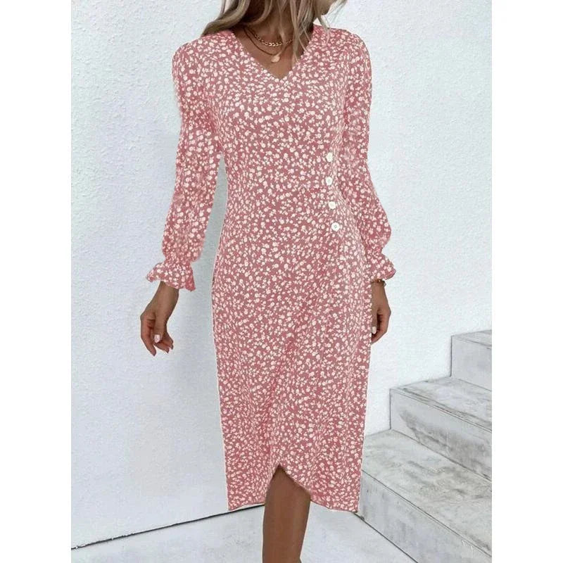 Elegant Floral Pleated H shaped Midi Dress Female V Neck Puff Sleeve Waist Ruched Button Dresses Women Summer Dress