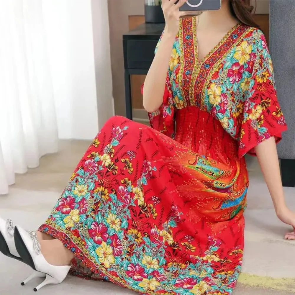 Colorful Flower V-neck Elastic Youthful Bohemian Sweet Midi Dress Woman Clothes Chic Fashion Summer Dresses