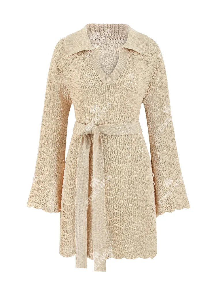 Sexy Shirt Dress V-neck Bell Sleeve Hollow Out Knitted Belted Beach Mini Dress Summer Swimsuit Cover Up Women's Casual Outfit