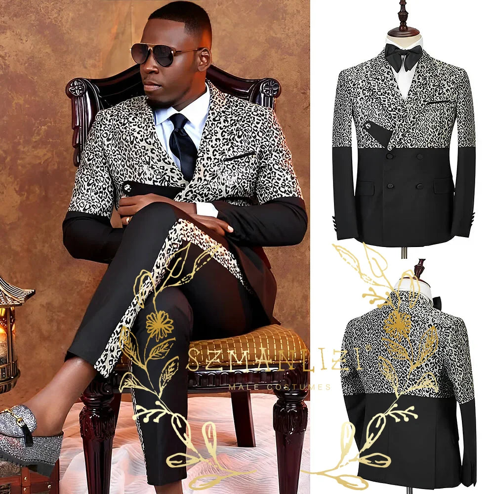 Latest Design Houndstooth Jacket Men‘s Suit Set Brown Pant Peaked Lapel Double Breasted Blazer