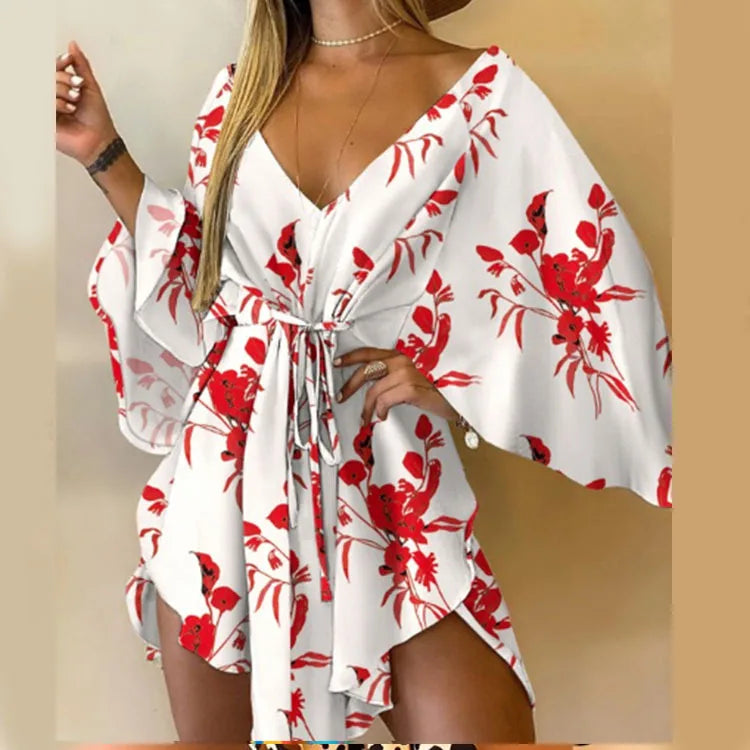 Women Print Dress Sexy V-Neck Bat Sleeve Ruffle Flowers Print Bohemian Beach Sundress Ladies Loose Summer Vacation Mini Dresses
