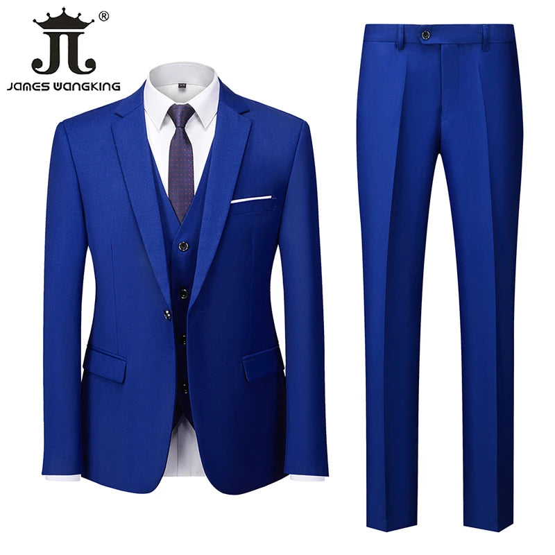 Jacket + Vest + Pants  Boutique Solid Color Men's Official Business Suit Bride's Wedding Dress Party Male Suit