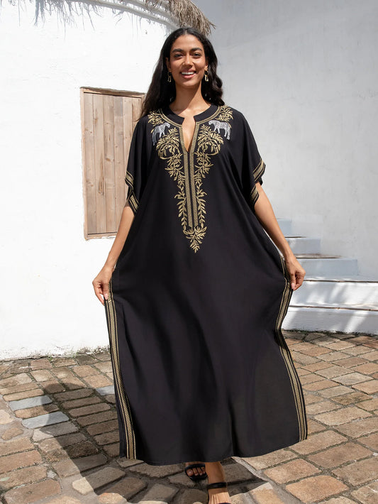 Embroidery Black Women Cover-ups  Loose Fitting Long Robe Beach Vacation V-neck Sunscreen Clothing Kaftan