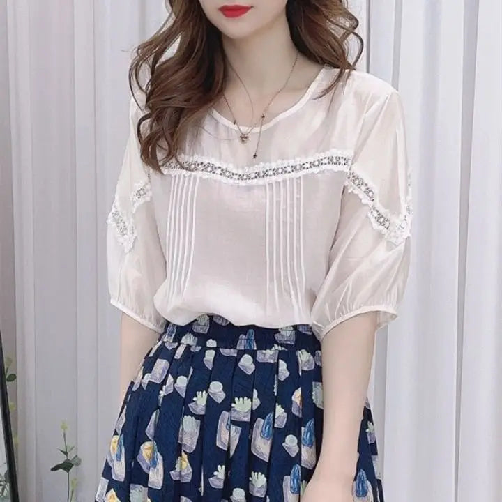 Vintage Blouse  Short Sleeve O-neck Patchwork Lace Chiffon