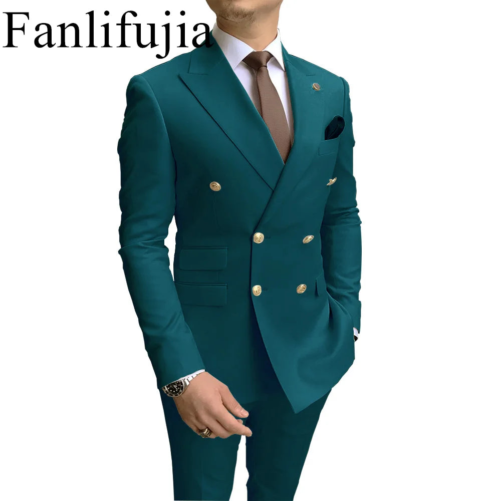 Men's Party Tuxedos 2 Pieces Latest Peak Lapel Men Suits Gold Buttons Fashion Style Suits Double Breasted