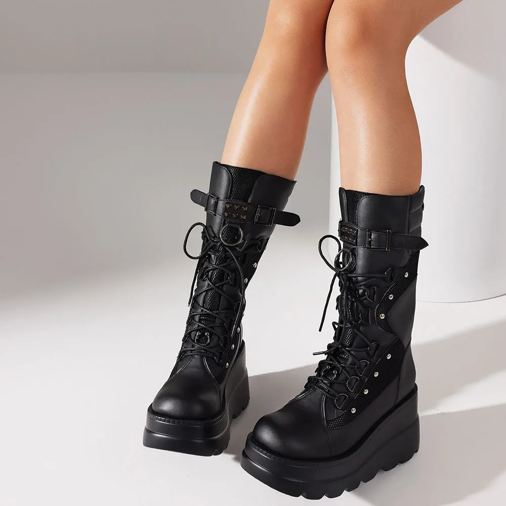 Combat Motorcycle Boots  High Platform Block High Heel Back Zipper Buckle Lace-Up Round Toe Punk Mid-Calf Boots