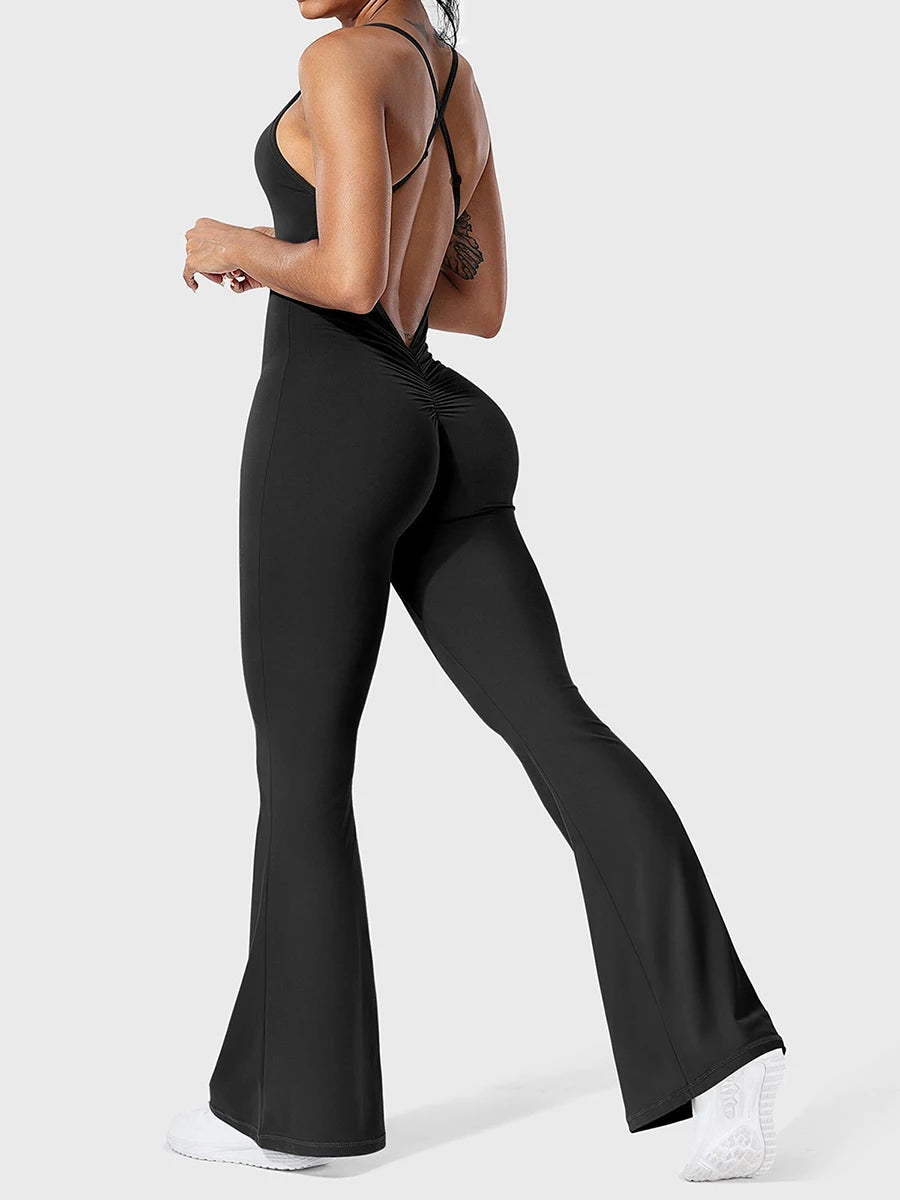 Elegant V-Neck Sleeveless Jumpsuits Women High Waist Wide Leg Pants  Backless Cross Strap