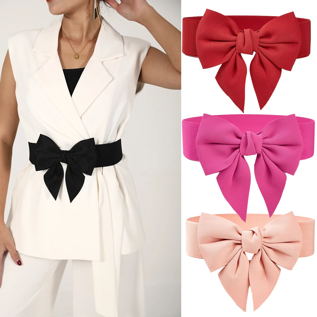 Women Stretch Waist Belt Straps Elegant Wide Side Waistband Large Bow Elastic Belts