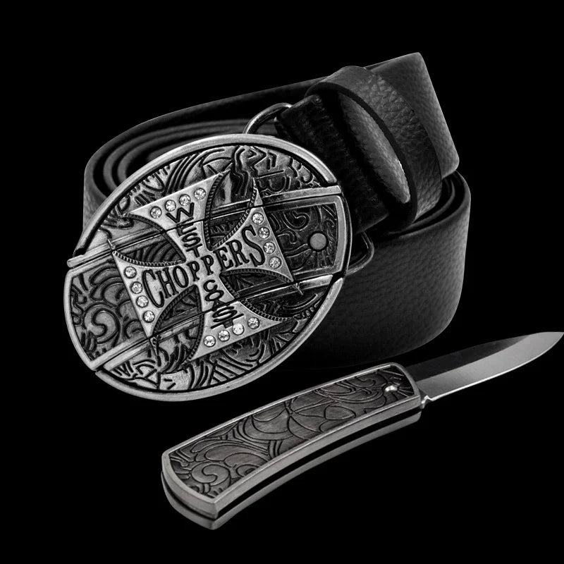 Adult Carved Invisible Knife Buckle Waist Belt Adjustable Personality Genuine Waist Belt
