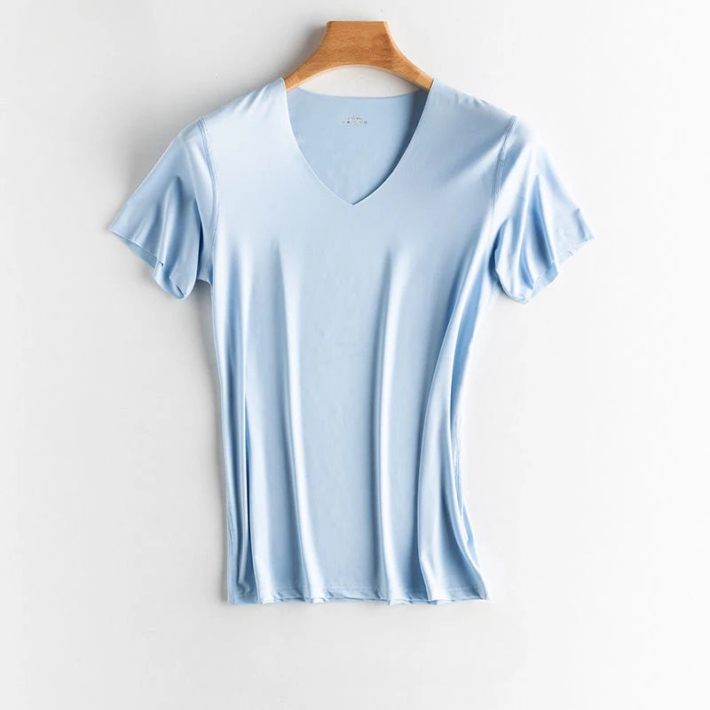 Men's Women's Sports Ice Silk Seamless Short Sleeves Gym Running Fitness Cycling T-Shirt Breathable Fit Solid Color V-neck