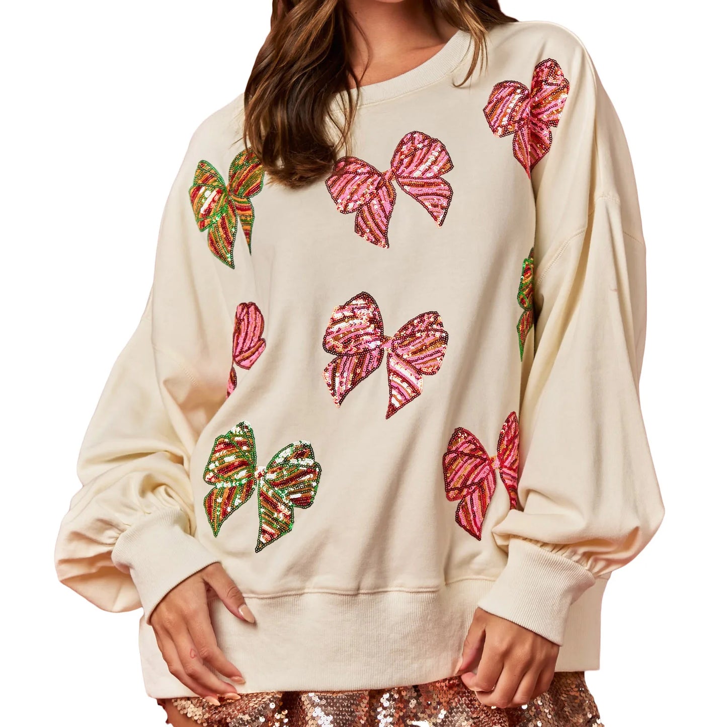 Women s Glitter Embellished Pullover Sweater with Oversized Fit and Bow Detail Drop Shoulder Design Long Balloon Sleeves