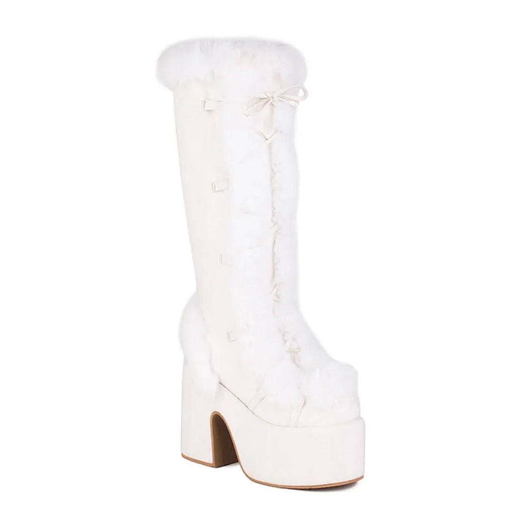 Fur Super Chunky High Heel Platform Mid-Calf Boots  Faux Suede Round Toe Side Zipper