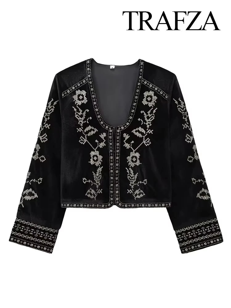 Women's Vintage Velvet Embroidered Jackets For Casual Long Sleeves Hidden Button Round Neck Elegant Outerwear