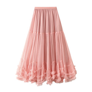Women’s Tulle Long Skirts Elastic High Waist Ruffle Hem Fluffy A-line Midi Skirts