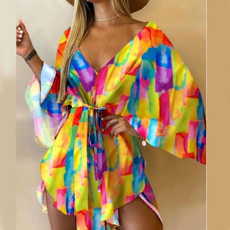 Women Print Dress Sexy V-Neck Bat Sleeve Ruffle Flowers Print Bohemian Beach Sundress Ladies Loose Summer Vacation Mini Dresses