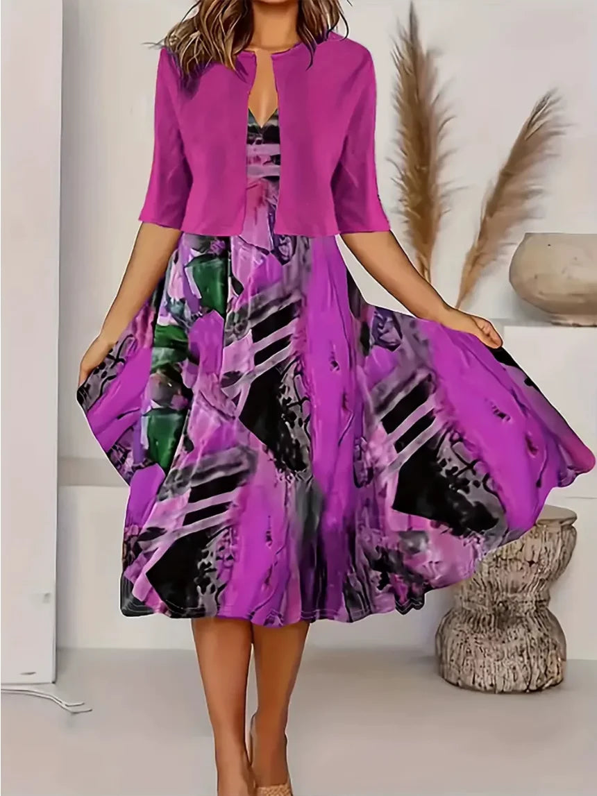 Europe and United States  women's dress two-piece floral and geometric print dress leisure holiday women's wear