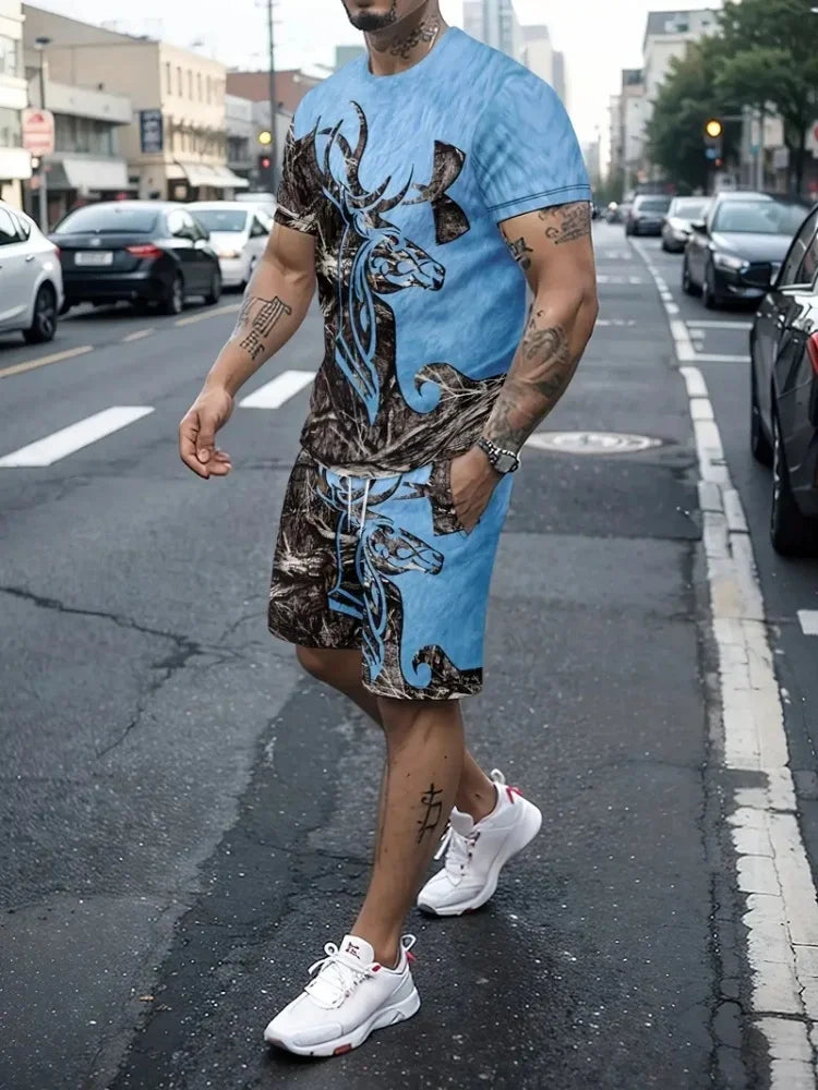 Hip Hop Style Personality Cartoon 3D Printed Men's Round Neck Short Sleeve 2 piece Fashionable Street Sports All-match Men's Suit