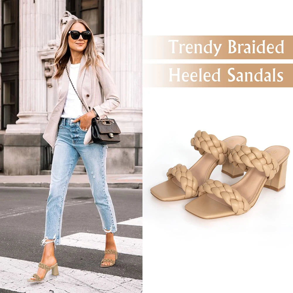 Elegant Braided Heels Fashion Strappy Square Sandals Open Toe Backless Mules Slip On Block Heeled Shoes