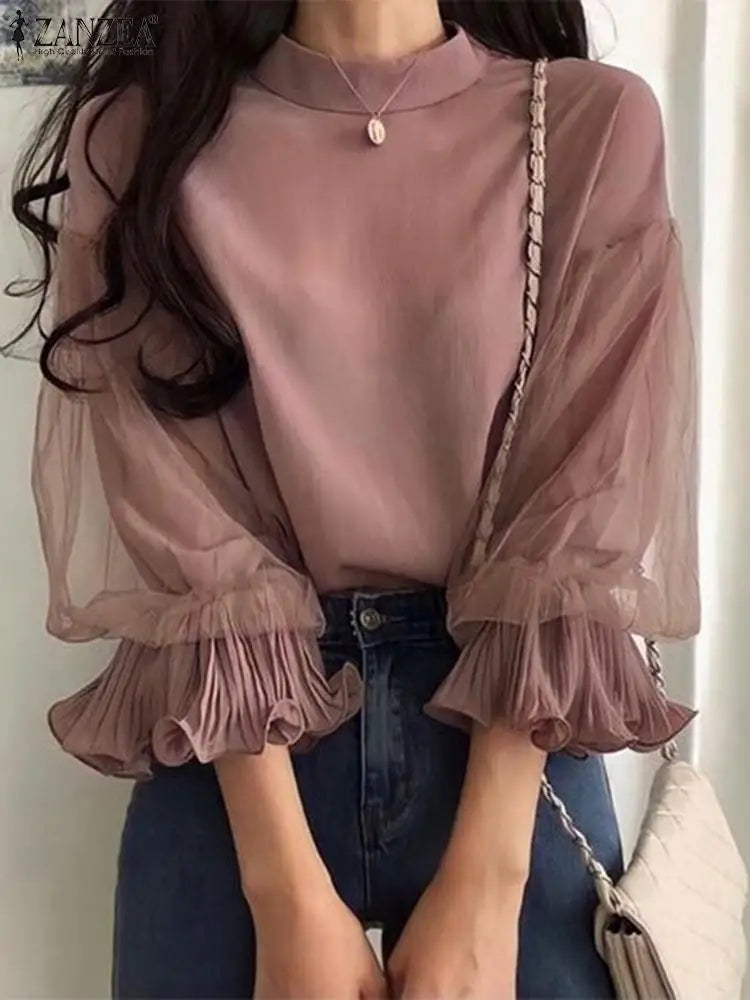 Elegant Party Blouse Chic Mesh Ruffle 3/4 Sleeve Tops Designer Stand Collar Shirts