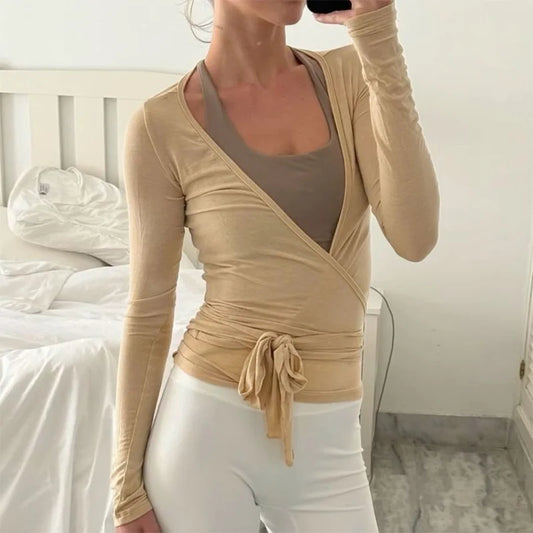 Elegant Women s Deep V Neck Cross Wrap Tie Top with Long Sleeves Solid Color