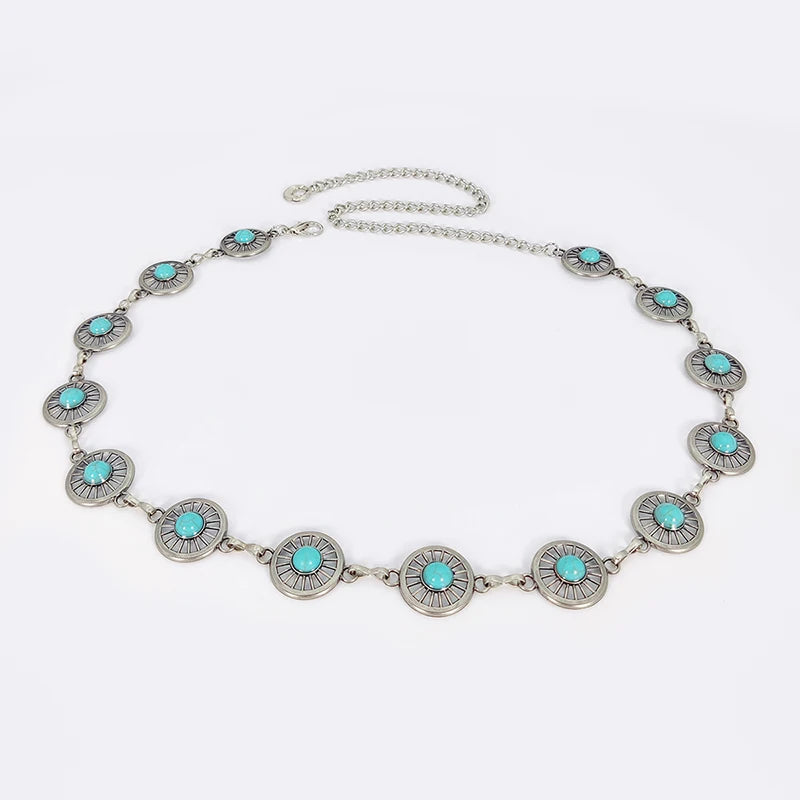 Fashion Silver Bohemian female circular waist chain luxury turquoise gemstone Ellipse chain belts for women
