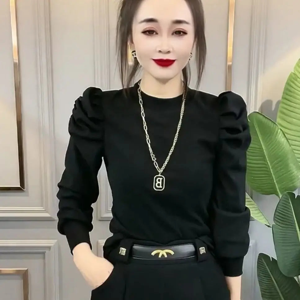 Elegant Stand Collar Solid Color Puff Sleeve Blouse