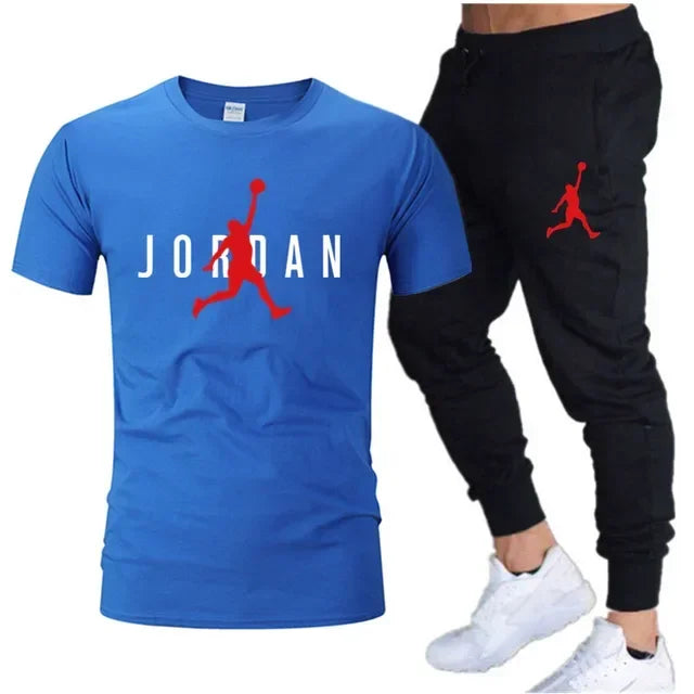 Summer Men's Tracksuit Suit Brand Short Sleeve T-Shirt + Trousers 2-Piece Sets Fitness Jogging Sports Pants Sportswear Suit