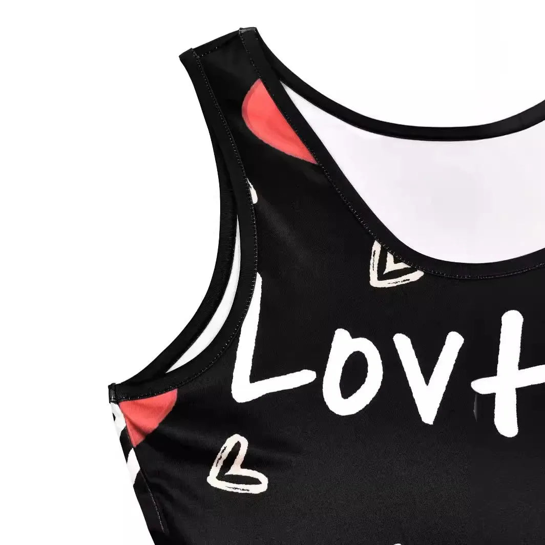 Contrast Heart Print U-Neck Sleeveless Casual Bodycon  Mini Dress
