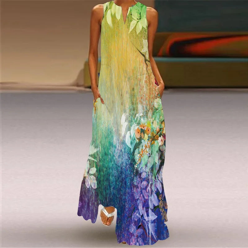 Vintage Print Maxi Dress For Women Summer Loose Sleeveless Long Dresses Elegant Lady V Neck Pocket Boho Beach Sundress Vestidos