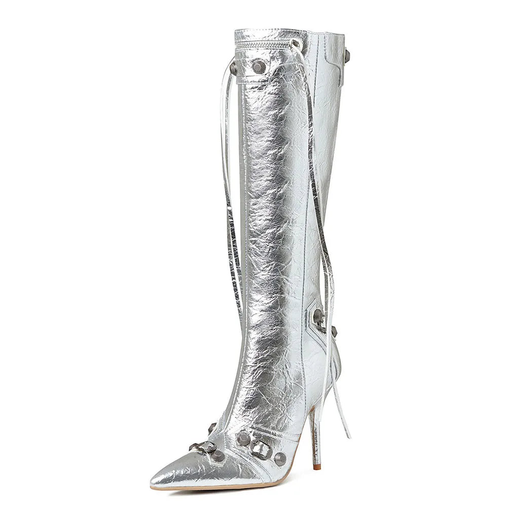 Stiletto High Heeled Knee High Boots Pointed Toe Back Zipper Tassel