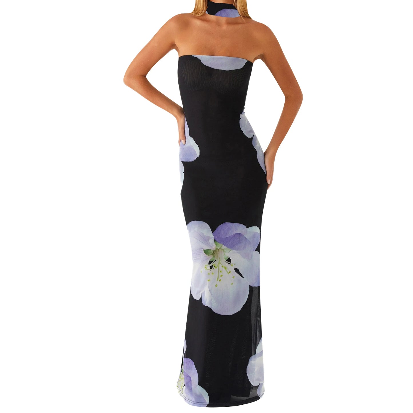 Elegant Lace Halter Neck Maxi Dress with Ruffle Hem and Matching Belt for Women Wedding Party Evening Gown