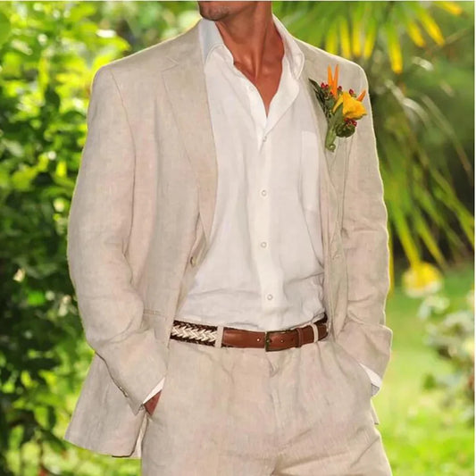 Beige Linen Men Suits Casual 2 Piece Jacket Pants Single Breasted Notch Lapel Beach Outwear High Quality Male Clothing Full Sets