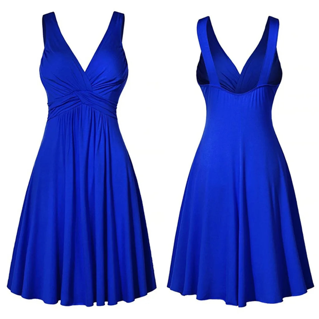 Women Solid Color Deep V-Neck Lady Retro Backless Sling Pleated Dress Wide Band Strap Flare Skirt