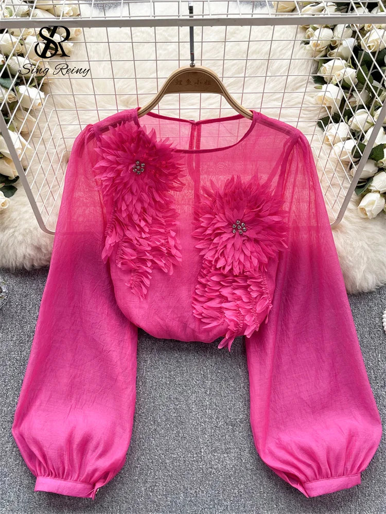 Spring Loose Satin Blouse O Neck Long Sleeves Sheer Bohemian Top