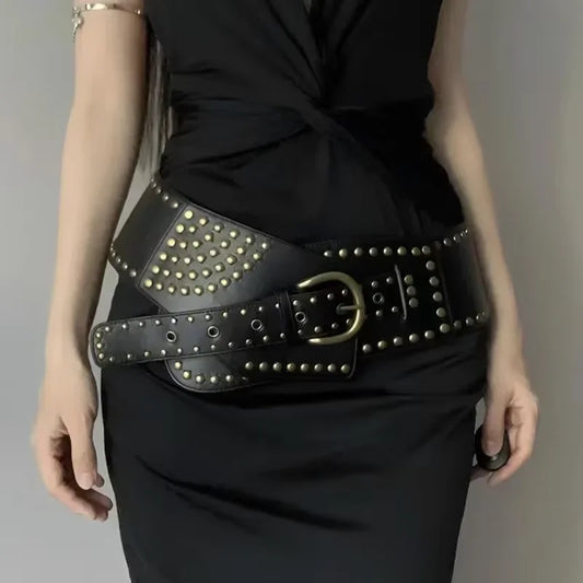 Vintage Rivet Punk Wide Belts American Metal Pu Waistband Western Heavy Duty Irregular Design Skirt Decoration