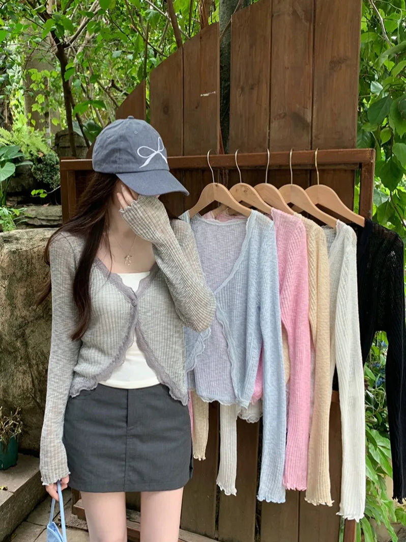Lace Trim One Button Long Sleeve Crop Top Women Short Sleeve Open Front Ribbed Knit Cardigan Sweater Summer