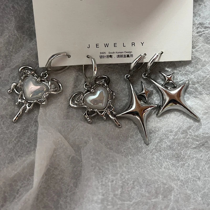 Simple Silver Color Star Earrings for Women Opal Stone Heart Hoop Earrings  Daily Wear Jewelry