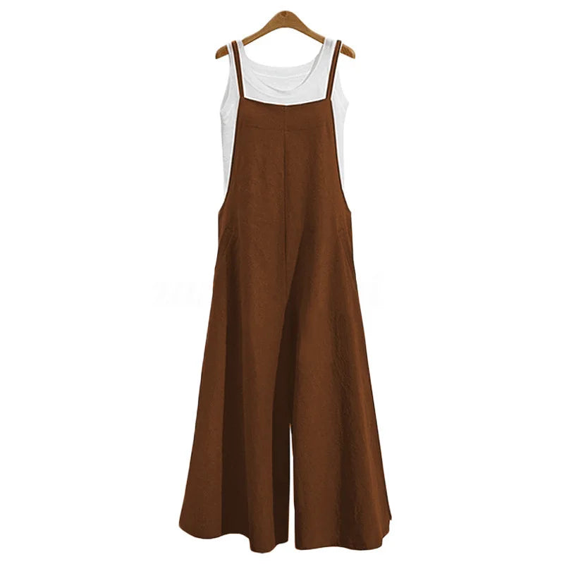 Women's Straps Jumpsuit Summer Solid Color Wide Leg Pants Dungaree Bib Overalls Casual Loose Sleeveless Cotton Linen Jumpsuits