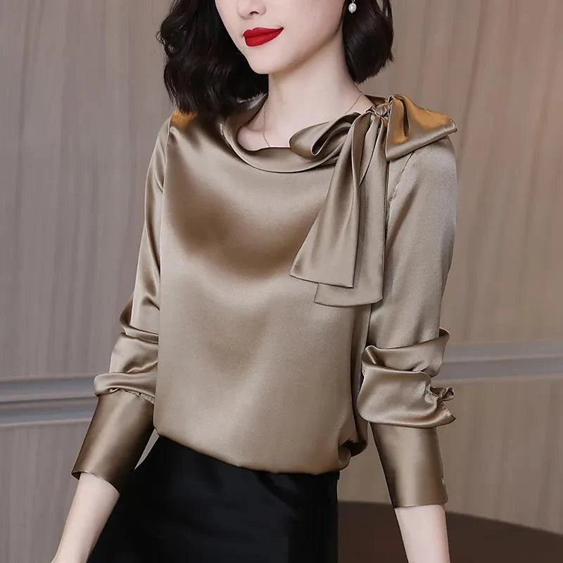 Summer Autumn Office  Satin Solid  Bow Shirt Long Sleeve