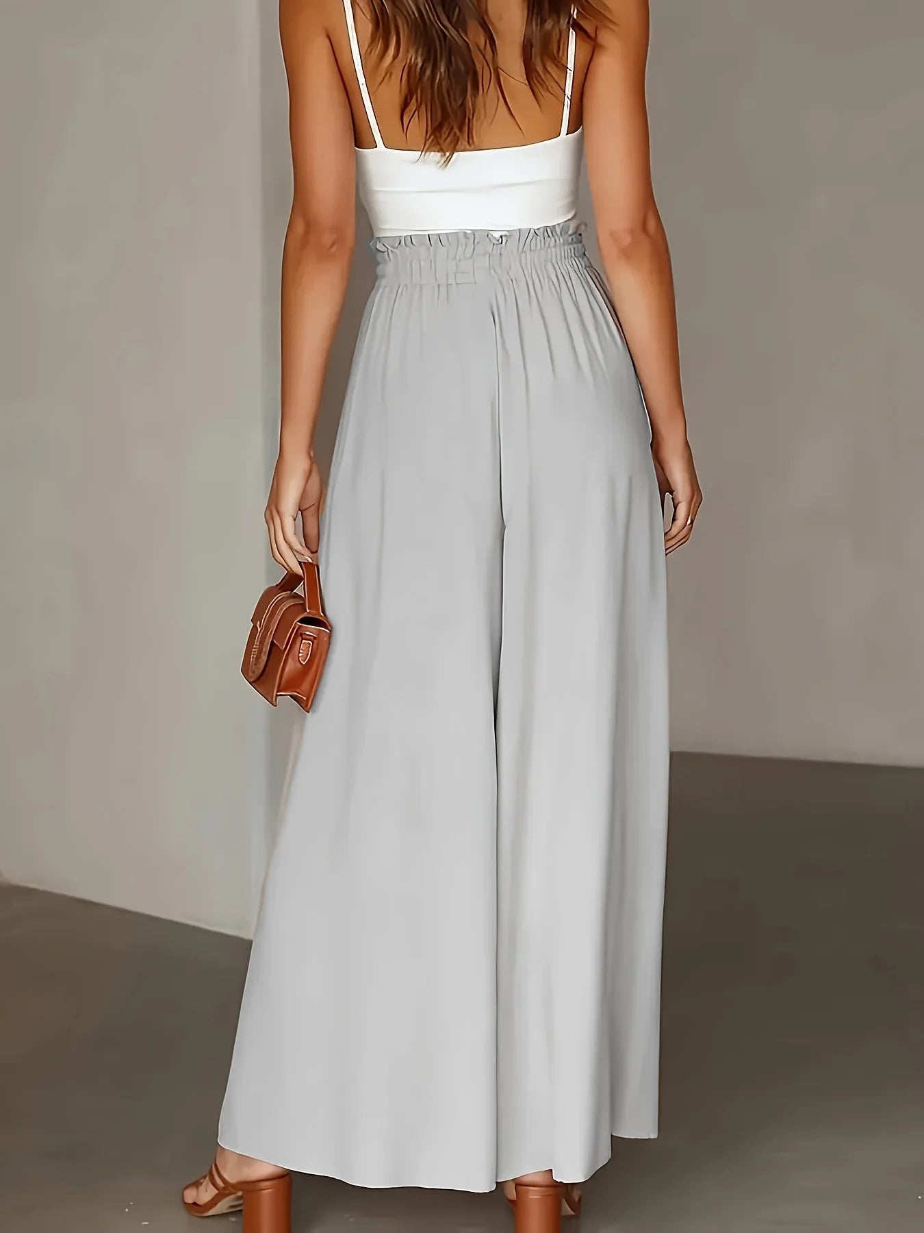 Plus Size Wide Leg Pants Comfortable Slight Stretch Fabric Elegant Solid Color Design Pocket Details Drawstring Elastic