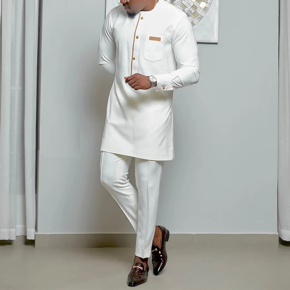 Men's  Wedding 2-Piece Suit Waist Pants Shirt Solid Color Panel Long Sleeve Party African Ethnic Style Clothing