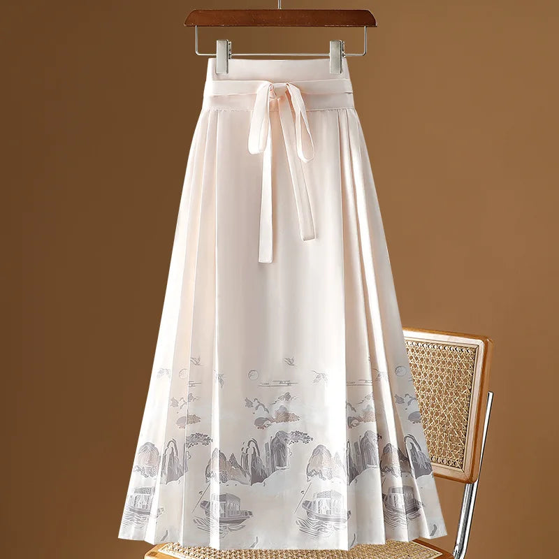 Vintage Maxi Chinese Style Horse Face Skirts  Pleated
