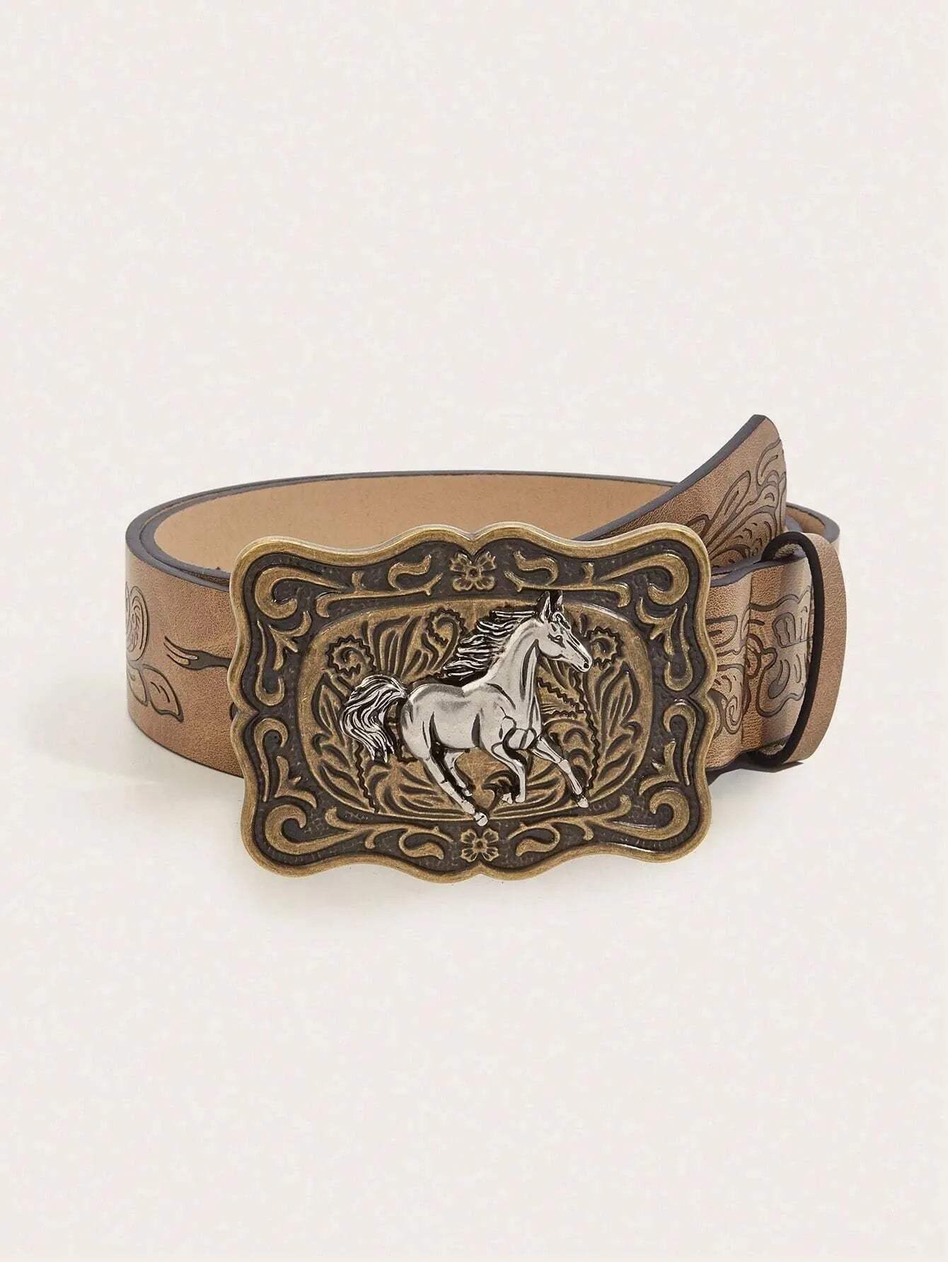 Women's Western Cowgirl Antique Gold Buckle Printed Belt, Suitable For Daily Use