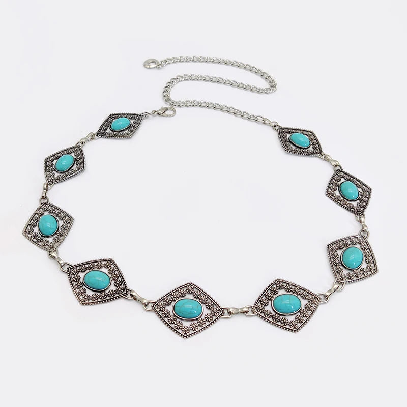 Fashion Silver Bohemian female circular waist chain luxury turquoise gemstone Ellipse chain belts for women
