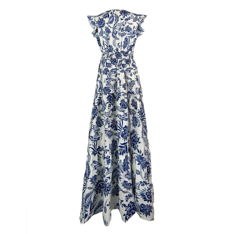 Fashion Floral Dress Casual V-neck Sleeveless Ruffles Tighten The Waist Slimming Elegant Bohemian Floral Women's Dress